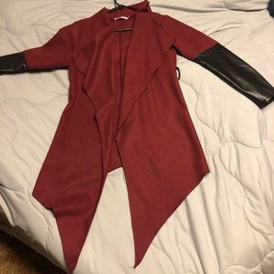 Maroon shark bite hem blazer w leather sleeves